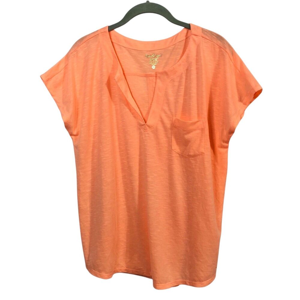Lilly Pulitzer V-Neck Top Large Orange Pocket Tee Split Back Athletic Casual